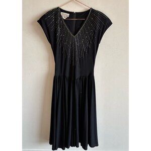 VTG Ricki Lang for Nuit Womens Black Party Dress V Neck Beaded Midi Swing Size 8